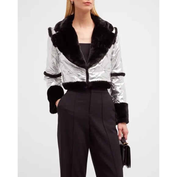 Alice + Olivia Luisana Vegan Leather Quilted Metallic Fur Combo Jacket Coat - Picture 15 of 17